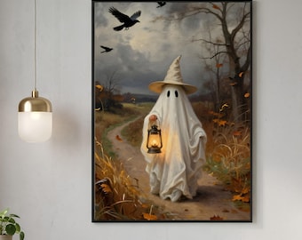 Dark Witch Ghost Halloween Wall Art, Spooky Gothic Fall Decor, Vintage Haunted Cottage Print, Instant Digital Download