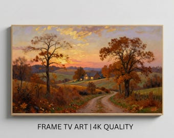 Autumn Vintage Oil Painting Samsung Frame TV Art Golden Hour Countryside Landscape Rustic Farmhouse Fall Wall Art Digital Download