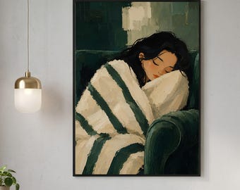 Emerald Green Abstract People Wall Art, Minimalist Print, Living Room, Contemporary Artwork, Stripe Woman Printable, Digital Download