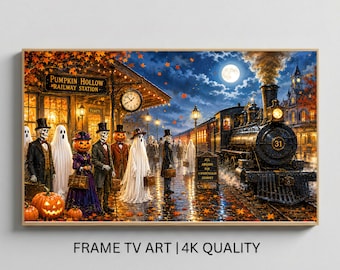 Halloween Frame TV Art Vintage Railway Station Oil Painting Spooky Skeleton Ghost Pumpkin Decor Autumn Fall TV Art - (Digital Download)