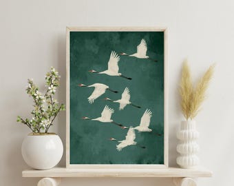 Flying Cranes Japandi Style Bird Print -Vintage Printable Wall Art - Japanese Decor -Digital Download