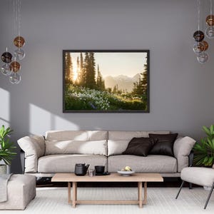 May include: A framed landscape photograph of a mountain scene with tall trees and a bright sunset. The image is displayed above a light-colored sofa with dark pillows, a wooden coffee table, and decorative lighting.