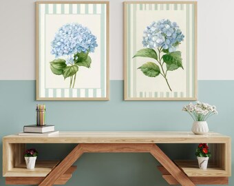 Hydrangea Floral Prints Set – Striped Cottagecore Wall Art (Digital Download)