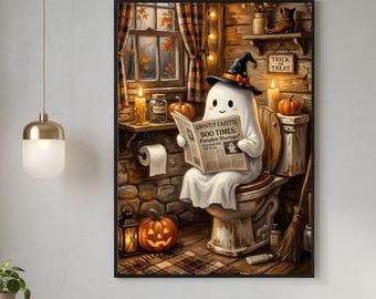 Funny Ghost Halloween Bathroom Art, Spooky Whimsical Wall Decor, Cute Ghost Print for Bathroom, Instant Halloween Digital Download
