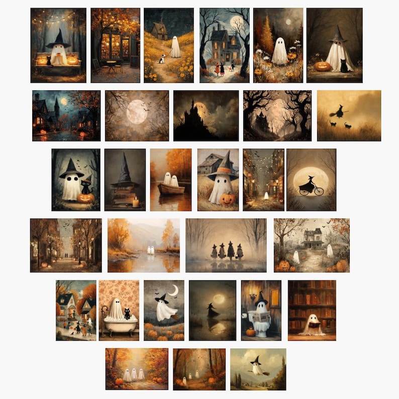May include: A collection of Halloween-themed art prints. Each print features a whimsical scene with ghosts, witches, pumpkins, and spooky houses. The color palette includes warm autumn tones, creating a festive and atmospheric feel.
