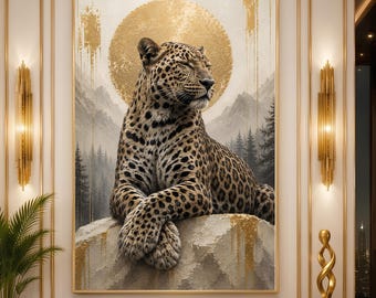 Luxury Leopard Wall Art Print, Gold Wildlife Safari Canvas Art, Modern Wall Decor, Neutral Animal Painting (Digital Download)