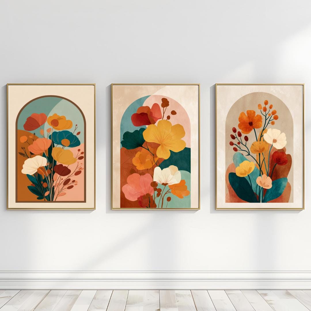 Modern Minimalist Floral Prints Set of 3 -geometric Wall Art ...