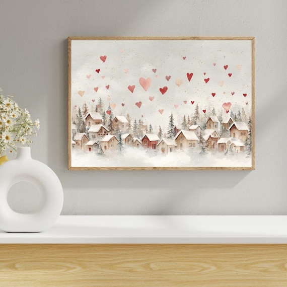 Valentines Day Print -Vintage Winter Village Printable Wall Art -Rustic Cottagecore Decor -Digital Download