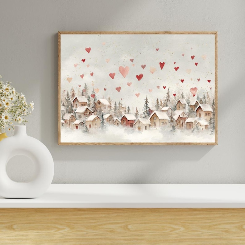 Valentines Day Print -Vintage Winter Village Printable Wall Art -Rustic Cottagecore Decor -Digital Download