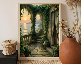Emerald Seaside Villa Wall Art Print, Mediterranean Coastal Decor, Vintage European Oil Painting Style, Digital Download