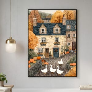 Stampa di un villaggio autunnale – Illustrazione rustica di una fattoria con anatre e zucche (download digitale)