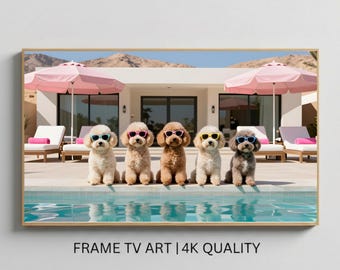 Summer Frame TV Art, Dogs With Sunglasses Chilling By The Pool TV Picture, Trendy Minimalist Lifestyle Photography, Pink Palm Springs Photo