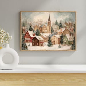 Julvinterstadstryck - Julbyväggkonst - Vintage scen juldekor - Snöigt vinterlandskap utskrivbart digitalt nedladdning