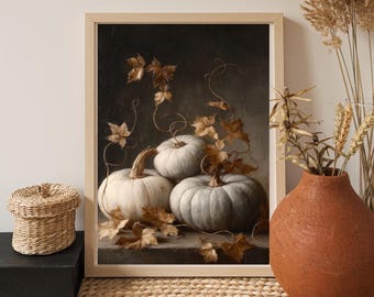 Impresión vintage de calabaza blanca - Decoración otoñal neutra (descarga digital)