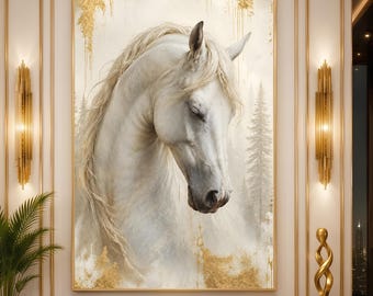 Luxury White Horse Wall Art Print, Elegant Equine Canvas Art, Neutral Animal Wall Decor, Modern Gold Painting, Printable Artwork