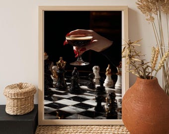 Surreal Espresso Martini Chess Art Print – Moody Bar Decor (Digital Download)