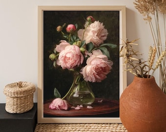 Vintage Pink Peonies Print - Moody Floral Still Life (Digital Download)