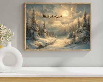 Santa Sleigh Vintage Christmas Print -Holiday Wall Art -Snowy Winter Decor -Printable Digital Download