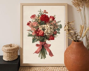 May include: A framed floral print featuring a bouquet of red roses, tulips, and white flowers tied with a red and white gingham ribbon. The artwork has a vintage aesthetic, with a neutral background and a light wooden frame. The bouquet is the focal point.