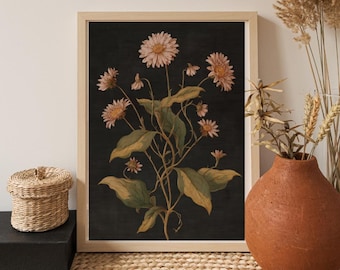 Dark Floral Print -Vintage Botanical Wall Art -Rustic Farmhouse Decor -Printable Digital Download
