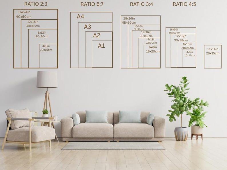 May include: A room interior with a beige sofa, a wooden floor, and a white wall. The wall displays print size guides in inches and centimeters, including 16x24in, 12x18in, 8x12in, and 4x6in. A floor lamp and plants are also visible.