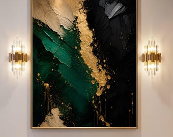 Luxury Emerald Green Abstract Wall Art, Black & Gold Oil Painting, Modern Canvas Print (Digital Download)