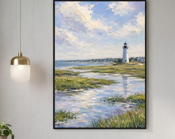 Lighthouse Coastal Wall Art Summer Seaside Printable Beach House Decor Nautical Ocean Landscape Digital Download
