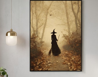 Vintage-Druck „Hexe im dunklen Wald“ – Stimmungsvolle Herbstdekoration (Digitaler Download)