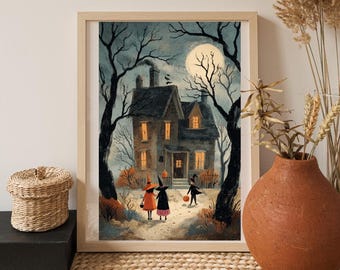 Vintage Halloween Print - Haunted House, Trick or Treat (Digital Download)