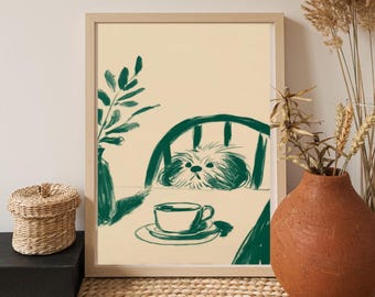 Sneaky Dog Kitchen Print -Abstract Coffee Wall Art -Midcentury Modern Sketch Dining Room Art Decor -Digital Download