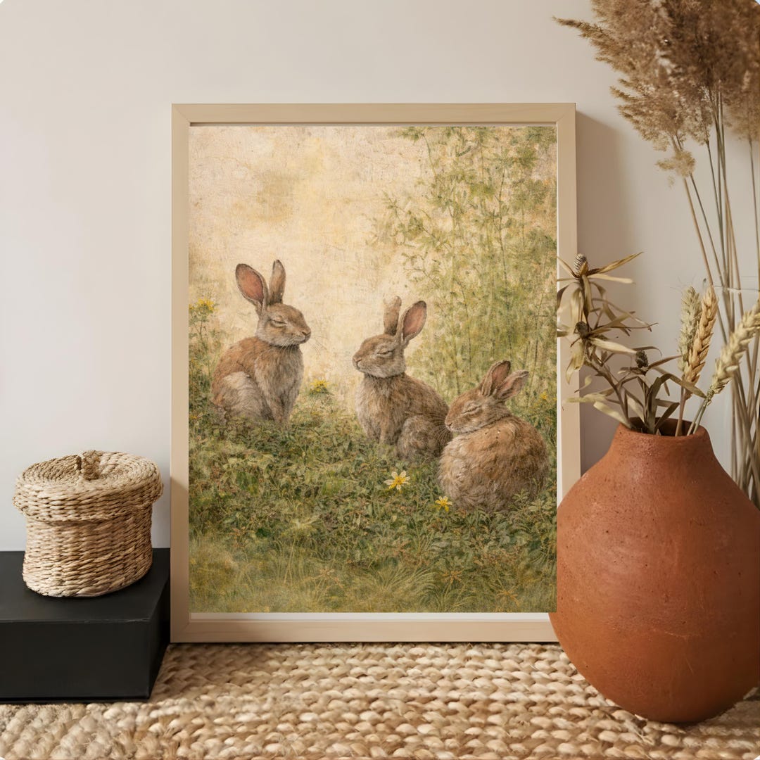Muted Rabbit Muted Rabbits Spring Print, Vintage Bunny Wall Art, Cozy Cottagecore ...