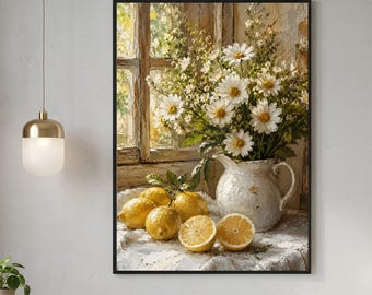 Vintage Lemons & Daisies Wall Art, Rustic Farmhouse Kitchen Print, Spring Citrus Cottage Decor, Digital Download