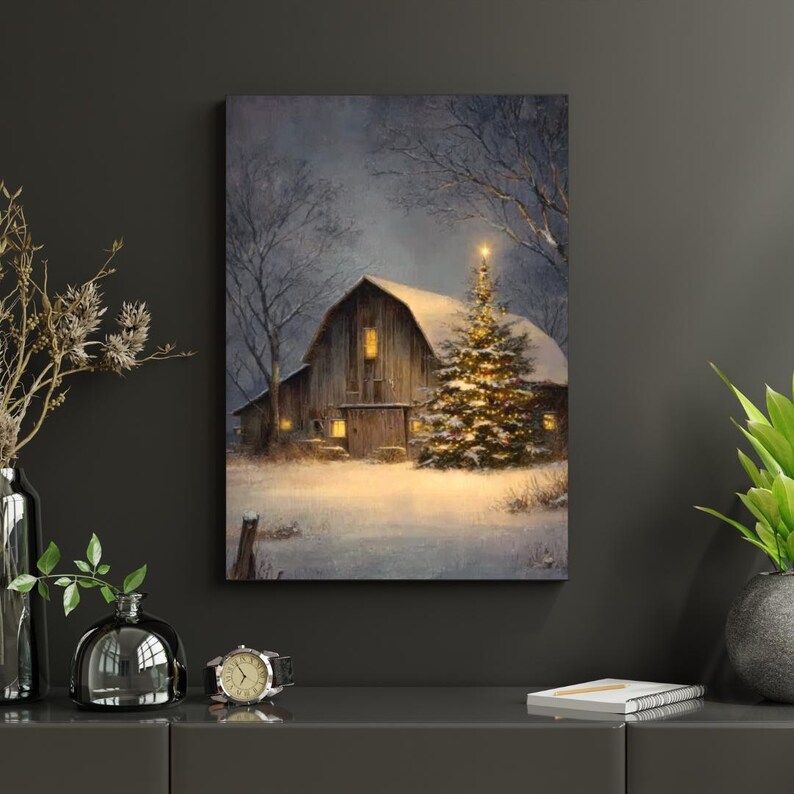 Rustic Christmas Barn Print – Snowy Winter Farmhouse, Cottagecore ...