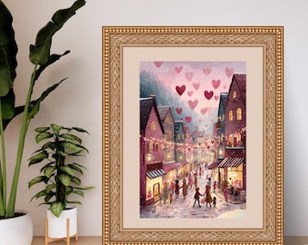 Saint Valentin romantique impression - art mural imprimable village d'hiver - impression d'art folklorique tendance - téléchargement numérique imprimable