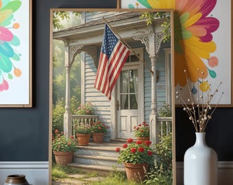 Patriotic Farmhouse Porch Printable Wall Art, American Flag Cottage Painting Print, Rustic Americana Decor, Digital Download