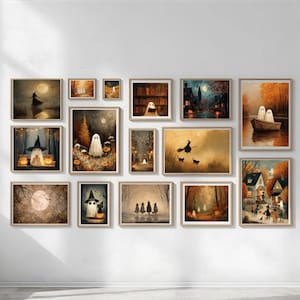 May include: A collection of framed Halloween-themed art prints. The artwork features various scenes with ghosts, witches, and full moons. The color palette includes shades of orange, brown, and black, creating a spooky and atmospheric feel. The prints are displayed on a white wall.