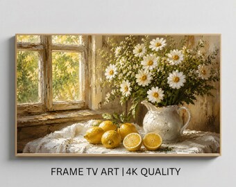 Lemons & Daisies FRAME TV Art, Spring Samsung Wallpaper, Vintage Painting, Rustic Farmhouse Kitchen Instant Download, Citrus Fruit Cottage