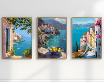Juego de 3 láminas costeras mediterráneas - Arte mural veraniego colorido - Descarga digital imprimible