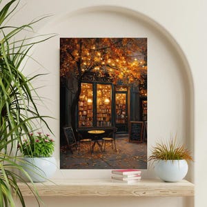 May include: An autumn-themed painting of a bookstore exterior. The shop has large windows displaying bookshelves and warm interior lighting. A small table and chairs are set outside. The words "BOOK BOOKS" are visible above the entrance.