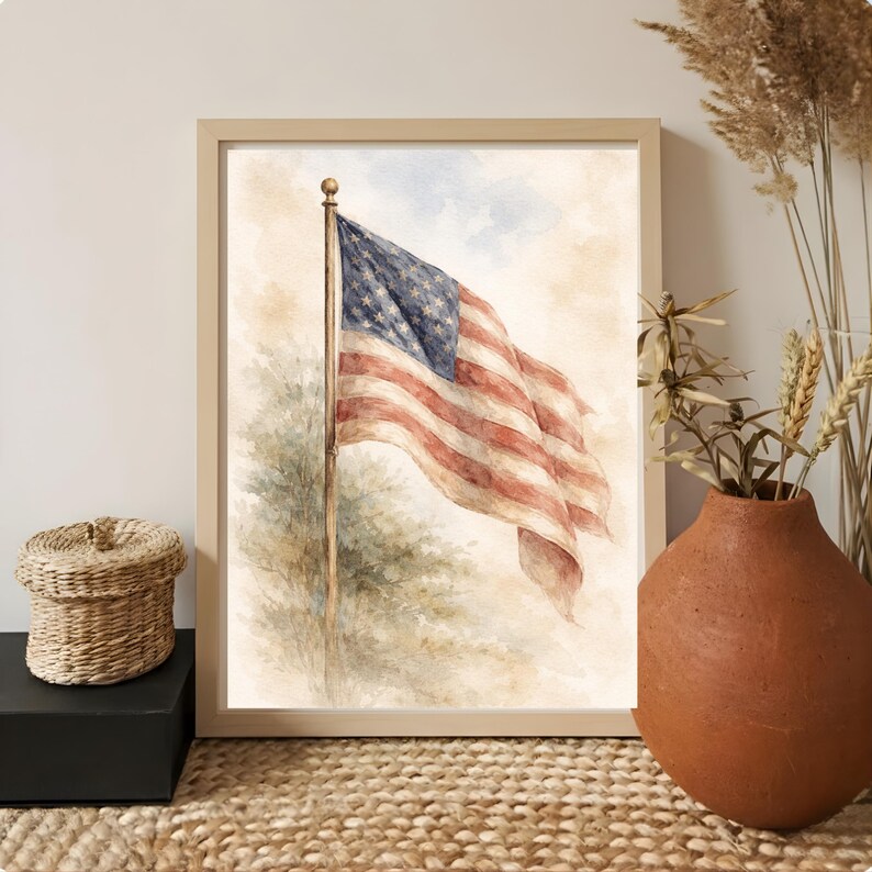 Watercolor American Flag Wall Art, 4th of July Patriotic Decor, USA ...