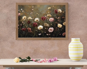 Moody Vintage Flowers Print -Botanical Wall Art -Dark Rustic Wildflowers Painting -Burgundy Floral Printable Digital Download