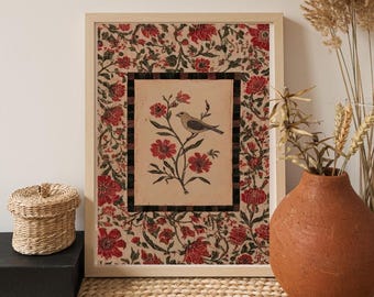 Vintage Botanical Bird Print -Printable Floral Wall Art -Rustic Cottagecore Decor -Digital Download