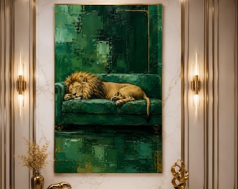 Sleeping Lion Wall Art - Emerald Green Abstract Oil Painting - Luxury Animal Decor, Modern Living Room Prints, Digital Download
