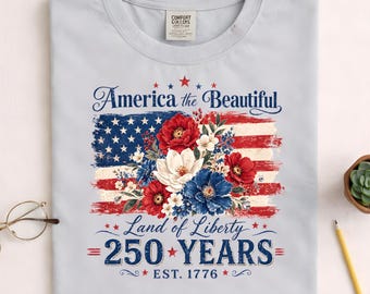 Maglietta con stampa floreale, patriottica, americana, 1776° compleanno, bandiera, orgoglio, 4 luglio 2026, colori comfort.