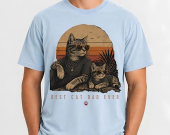 Maglietta "Cat Dad Comfort Colors" con grafica retrò e tramonto, divertente outfit per papà amante dei gatti.