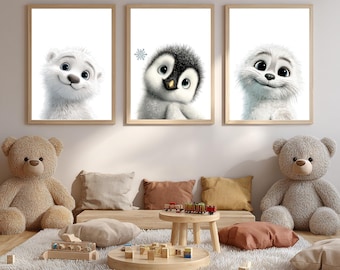 Arctic Animals Nursery Prints: Polar Bear, Penguin, Seal (Digital Download Set of 3)