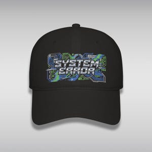 May include: Black baseball cap featuring the text "SYSTEM ERROR" in a futuristic font, with a blue and green circuit board design. The cap is made of a durable material and has a curved peak.