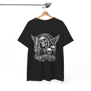Halftone,Mother of Death Gothic Skull Shirt, Memento Mori Skeleton Tee, Dark Art Unisex Heavy Cotton T-Shirt