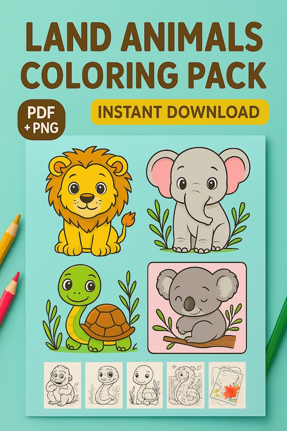 Land Animals Coloring Pages for Kids | Cute Jungle & Safari Animal Printables | Zoo Coloring Book PDF + PNG | Wildlife Activity Sheets