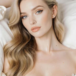 May include: A portrait of a person with long, wavy blonde hair and light blue eyes. The person is wearing makeup and a white lace top, lying on a white bed. The image has a soft, romantic feel.